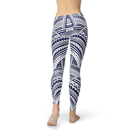 A pair of Polynesian Maori Tattoo Leggings featuring vibrant, intricate tattoo designs, showcasing their full-length style and stretchy fabric.