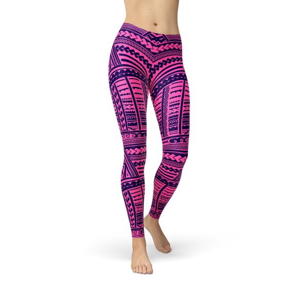 A pair of stylish Purple Maori Leggings featuring vibrant graphic designs, perfect for workouts and casual wear, showcasing their four-way stretch and squat-proof fabric.