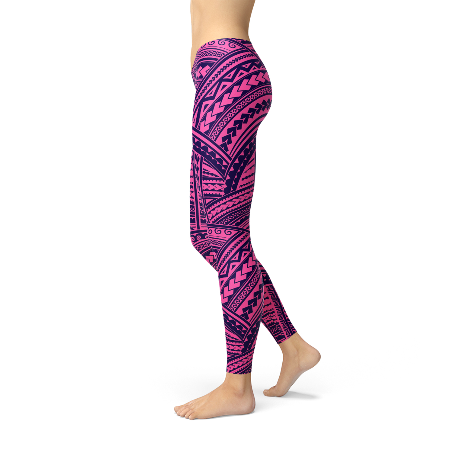 A pair of stylish Purple Maori Leggings featuring vibrant graphic designs, perfect for workouts and casual wear, showcasing their four-way stretch and squat-proof fabric.