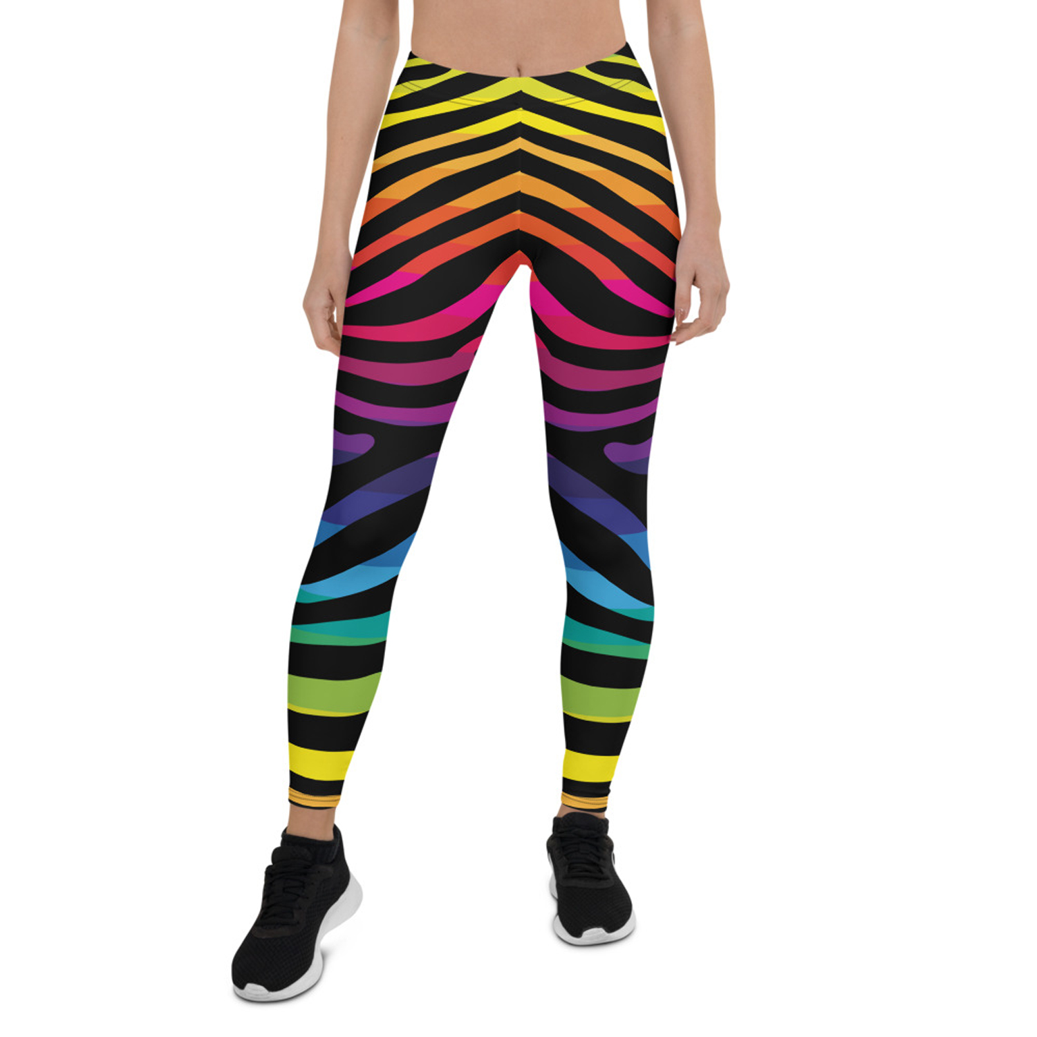 Colorful Rainbow Zebra Stripes Leggings for Women, showcasing vibrant patterns and a comfortable fit, perfect for workouts and casual wear.