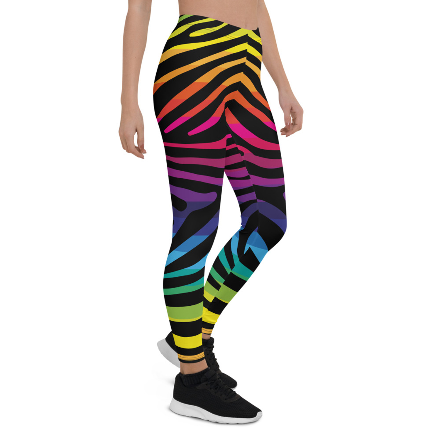 Colorful Rainbow Zebra Stripes Leggings for Women, showcasing vibrant patterns and a comfortable fit, perfect for workouts and casual wear.