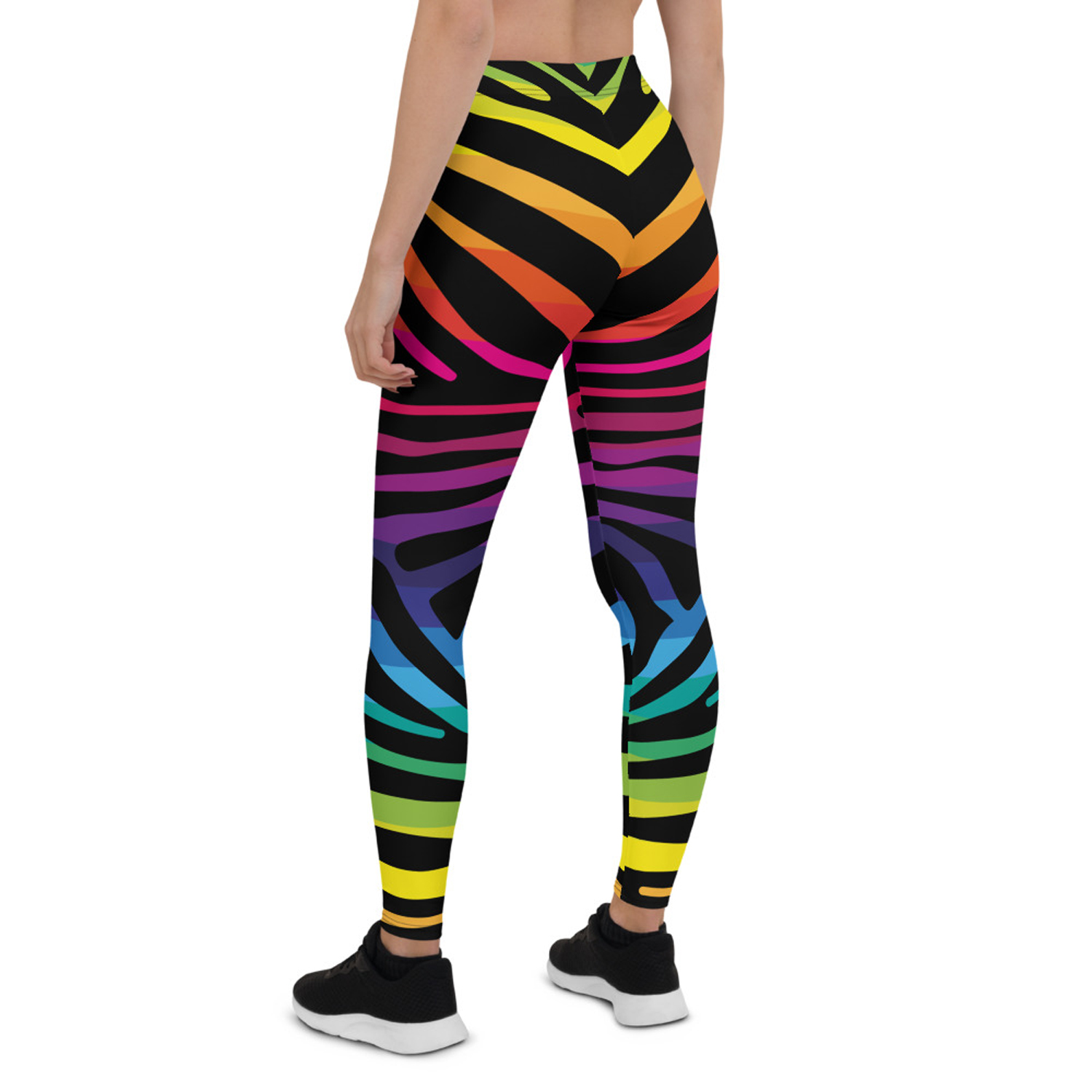 Colorful Rainbow Zebra Stripes Leggings for Women, showcasing vibrant patterns and a comfortable fit, perfect for workouts and casual wear.