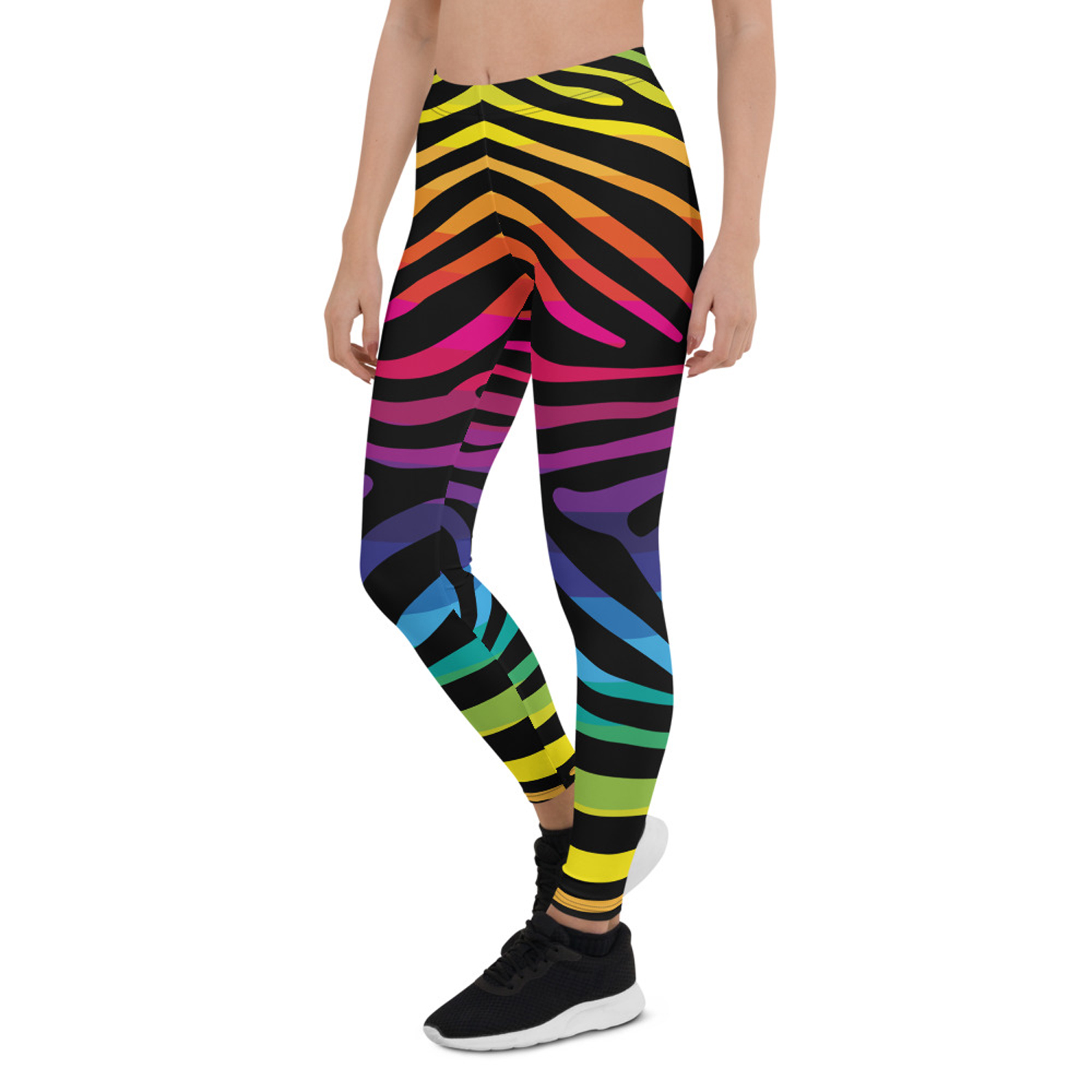 Colorful Rainbow Zebra Stripes Leggings for Women, showcasing vibrant patterns and a comfortable fit, perfect for workouts and casual wear.