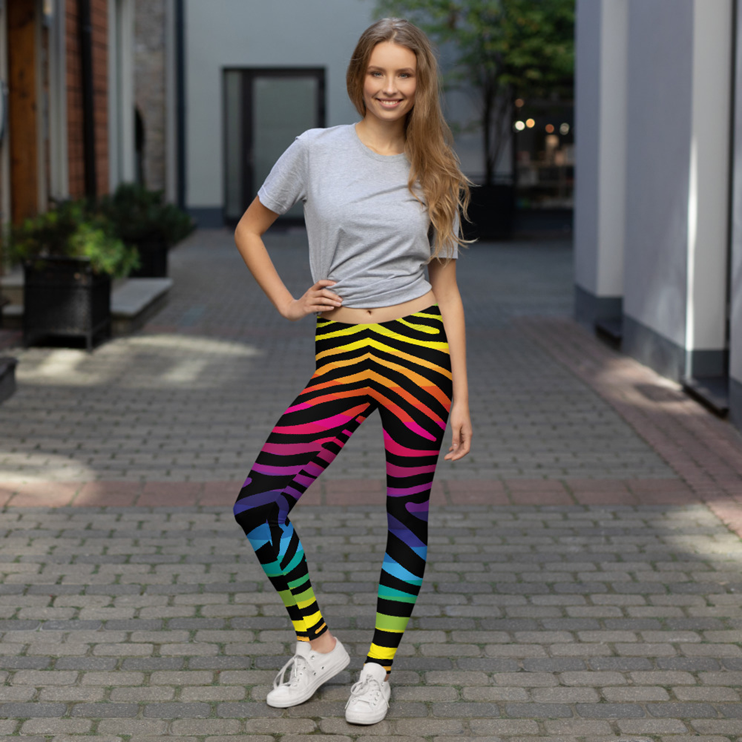 Colorful Rainbow Zebra Stripes Leggings for Women, showcasing vibrant patterns and a comfortable fit, perfect for workouts and casual wear.