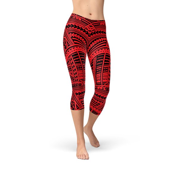 Red Maori Capri Leggings featuring vibrant graphic designs, perfect for workouts and casual wear.