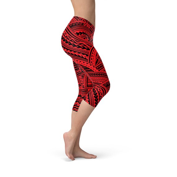 Red Maori Capri Leggings featuring vibrant graphic designs, perfect for workouts and casual wear.