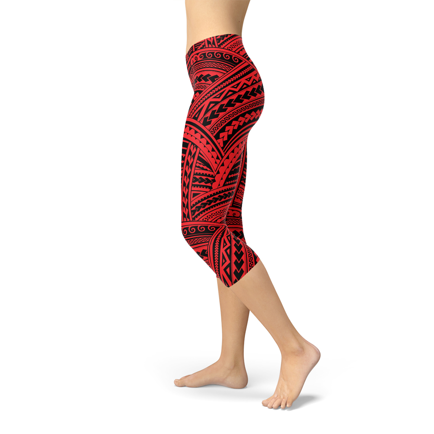 Red Maori Capri Leggings featuring vibrant graphic designs, perfect for workouts and casual wear.