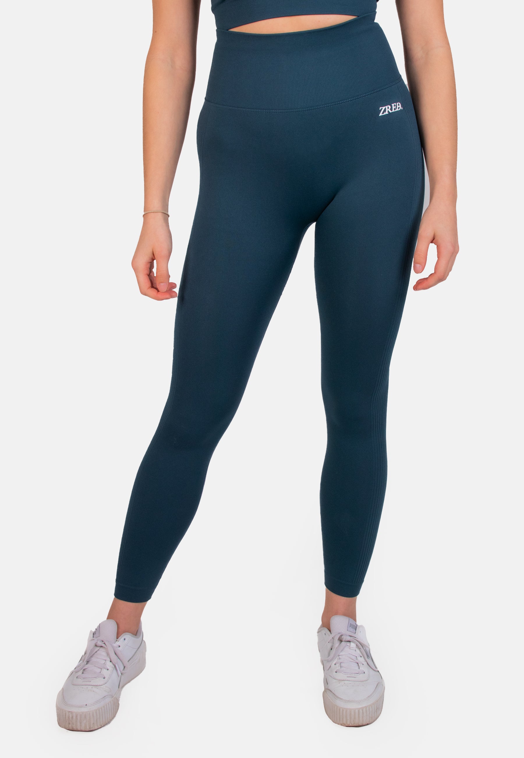 Die Shape Seamless Leggings in Dark Teal und Coffee, mit hohem Bund und nahtlosem Design, ideal für Training und Freizeit.