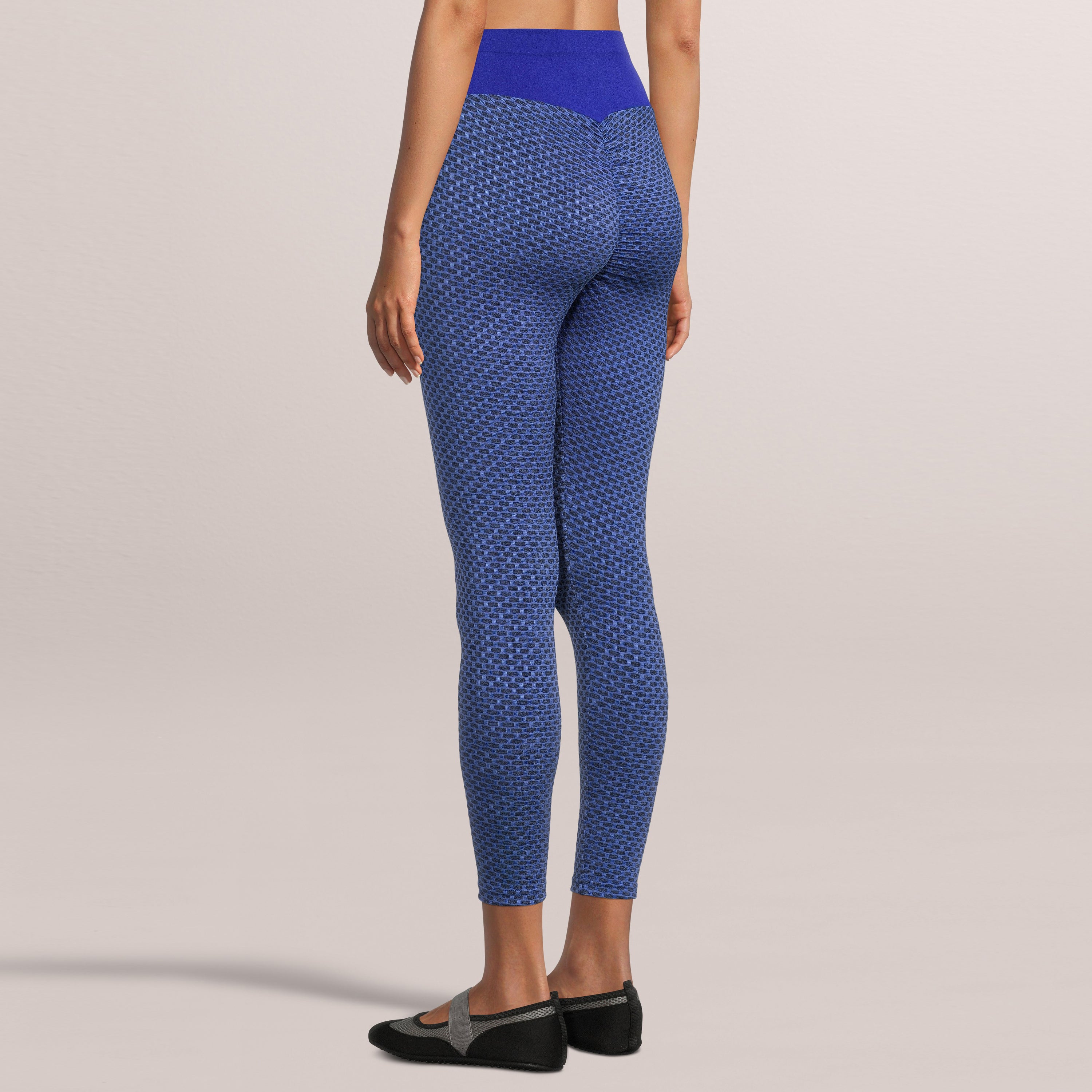 SOBEYO High Waisted Bubble Leggings in Blue, showcasing crumple butt design and stretchable fabric for a flattering fit.