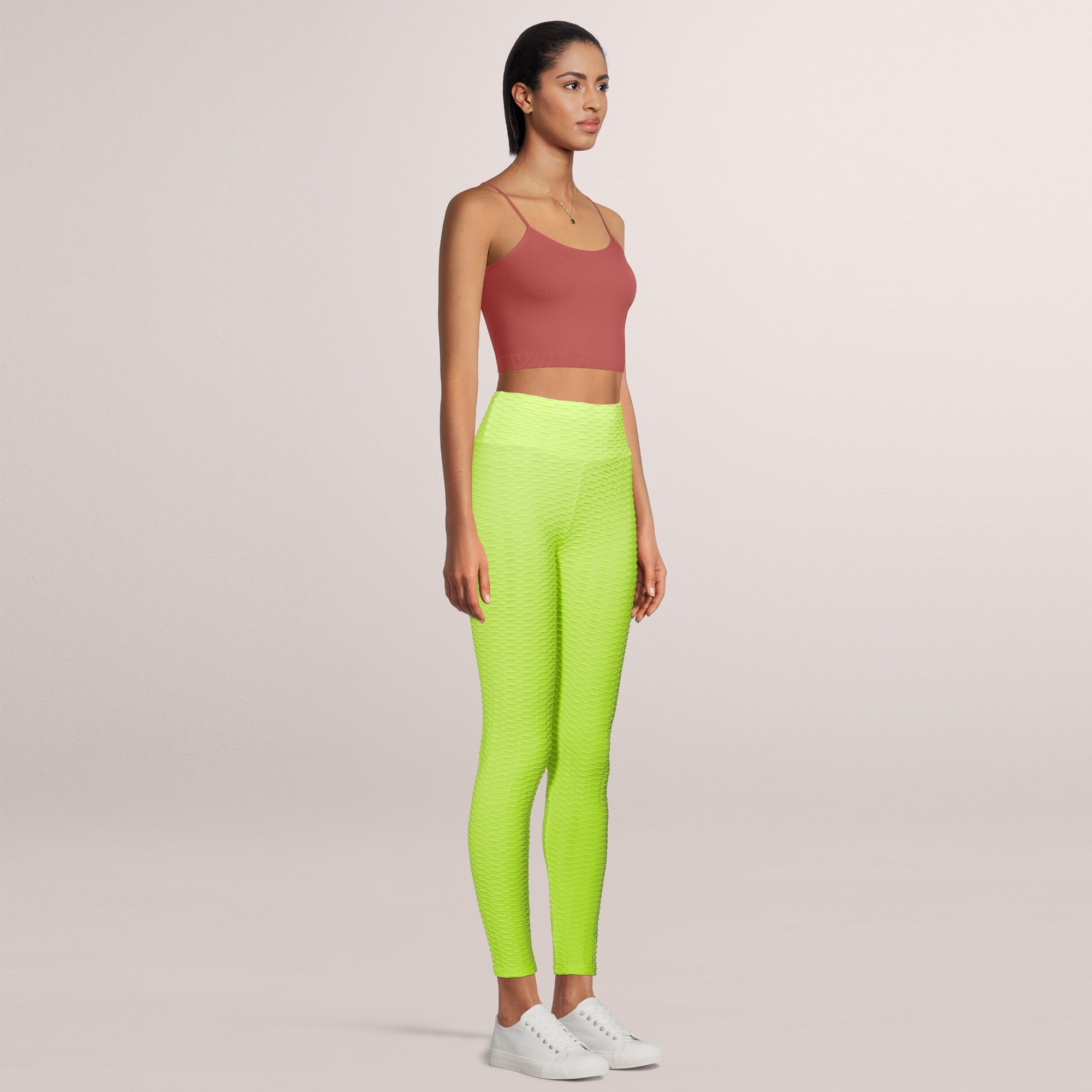 SOBEYO Women's Legging Bubble Stretchable in vibrant lime color, showcasing crumple butt design for enhanced curves.