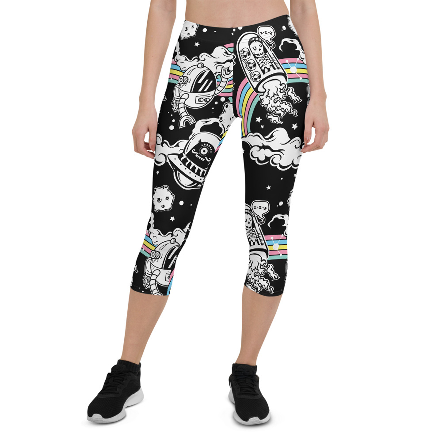 A pair of stylish Space Capri Leggings for Women featuring unique graphic designs, perfect for workouts and casual wear.