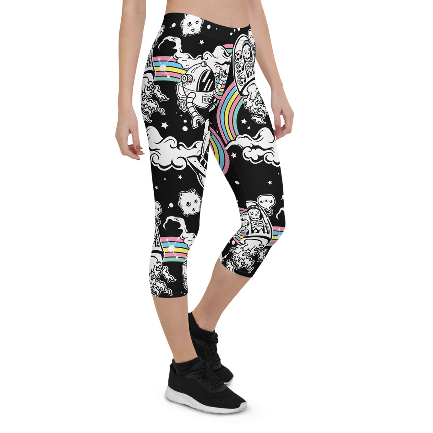 A pair of stylish Space Capri Leggings for Women featuring unique graphic designs, perfect for workouts and casual wear.