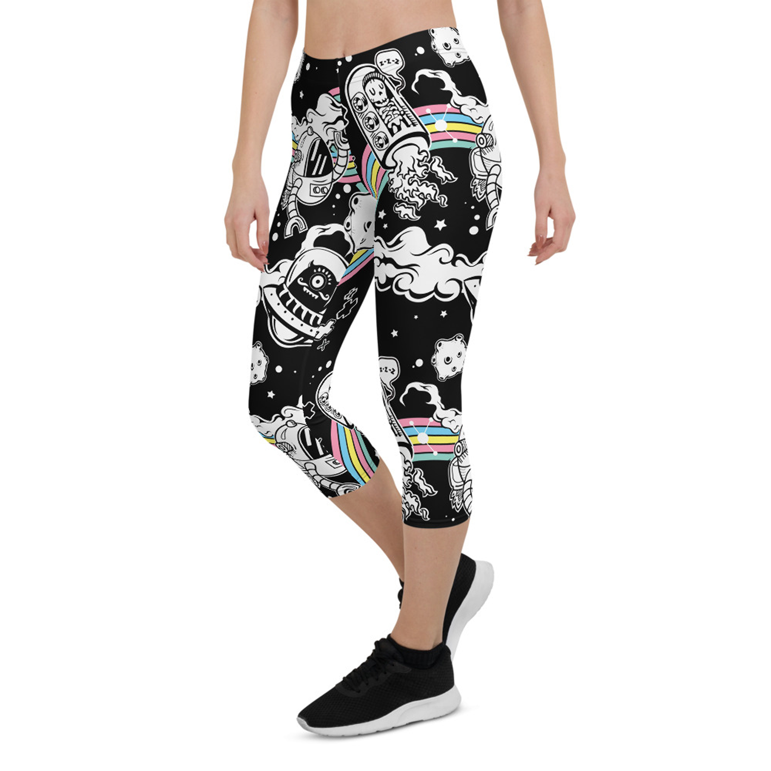 A pair of stylish Space Capri Leggings for Women featuring unique graphic designs, perfect for workouts and casual wear.