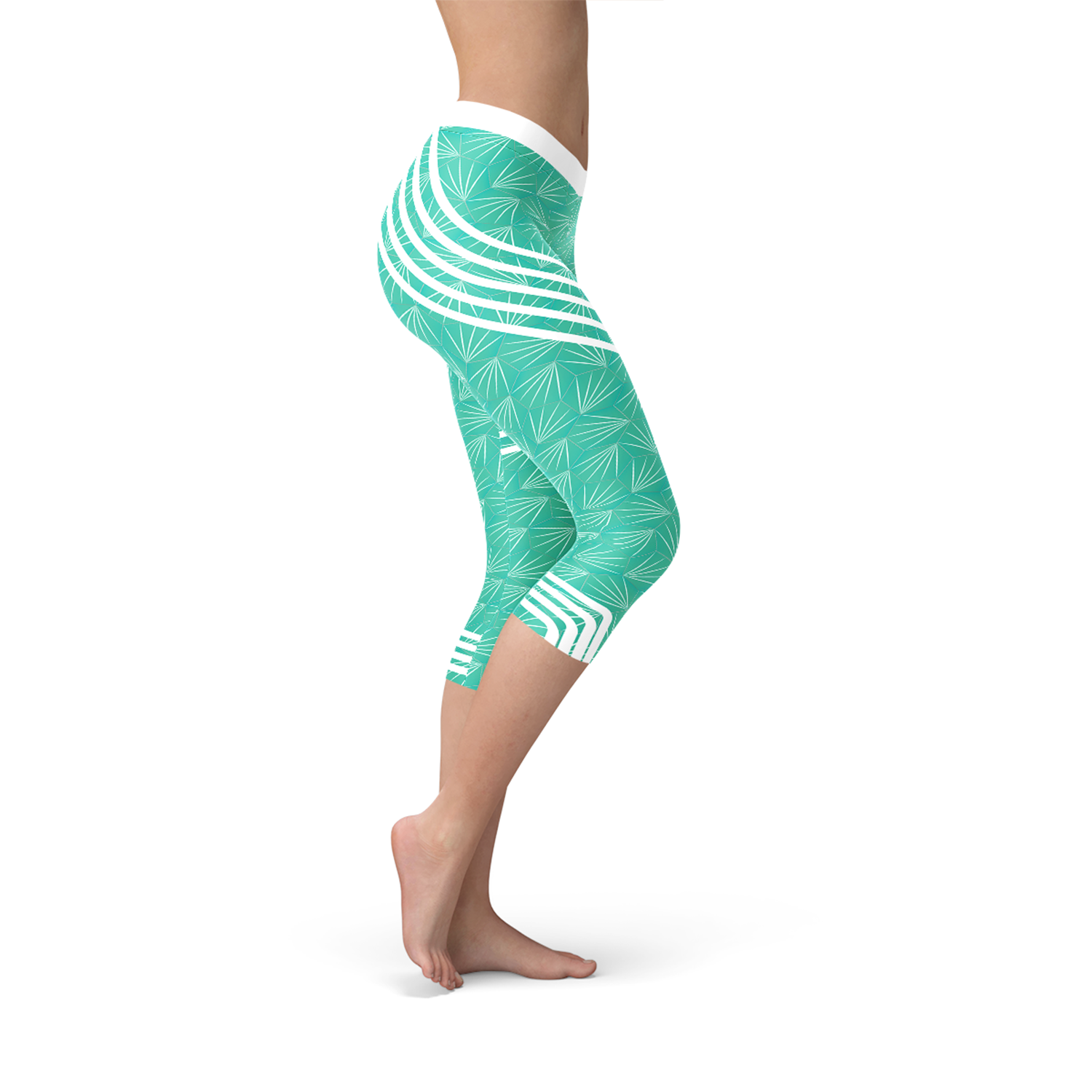 Turquoise Sports Capri Leggings featuring a unique graphic design, perfect for workouts and casual wear.