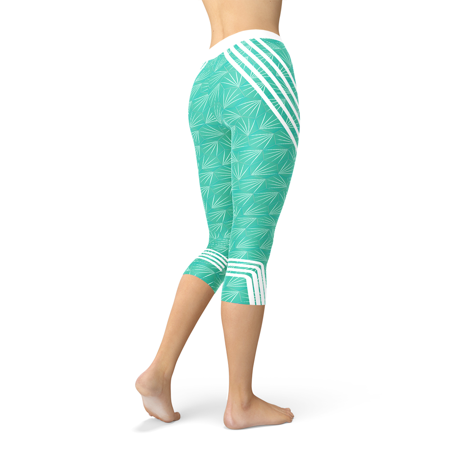 Turquoise Sports Capri Leggings featuring a unique graphic design, perfect for workouts and casual wear.