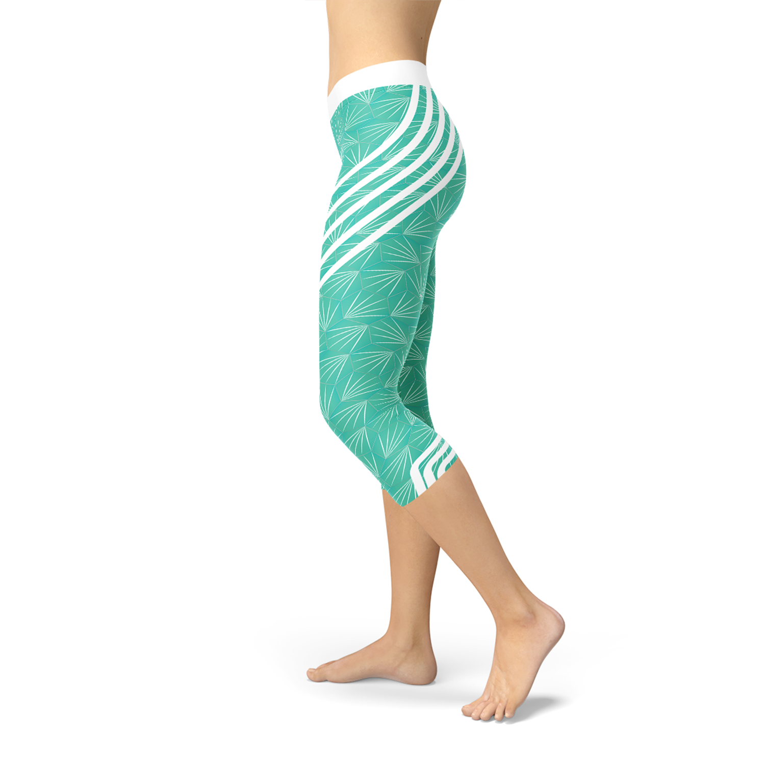 Turquoise Sports Capri Leggings featuring a unique graphic design, perfect for workouts and casual wear.