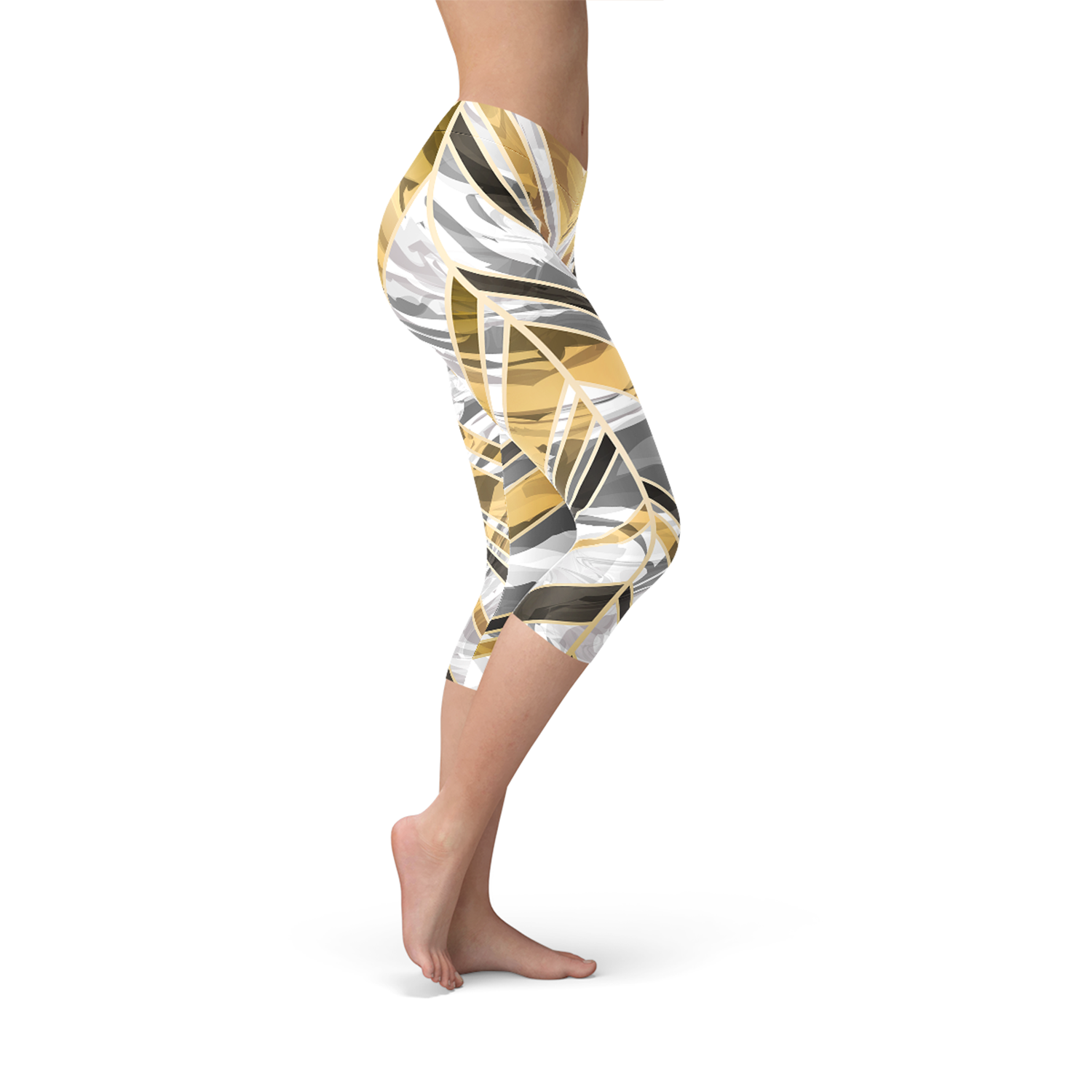 White marble capri leggings with black gold lines, showcasing a stylish and unique design for women's activewear.