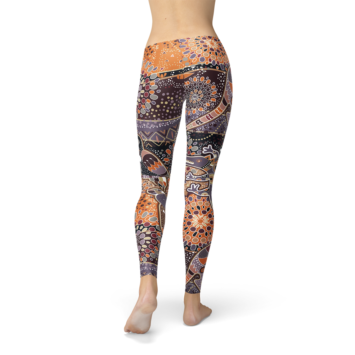 Womens Aboriginal Dreamtime Leggings featuring vibrant Aboriginal art design, crafted from high-performance fabric blend for comfort and style.