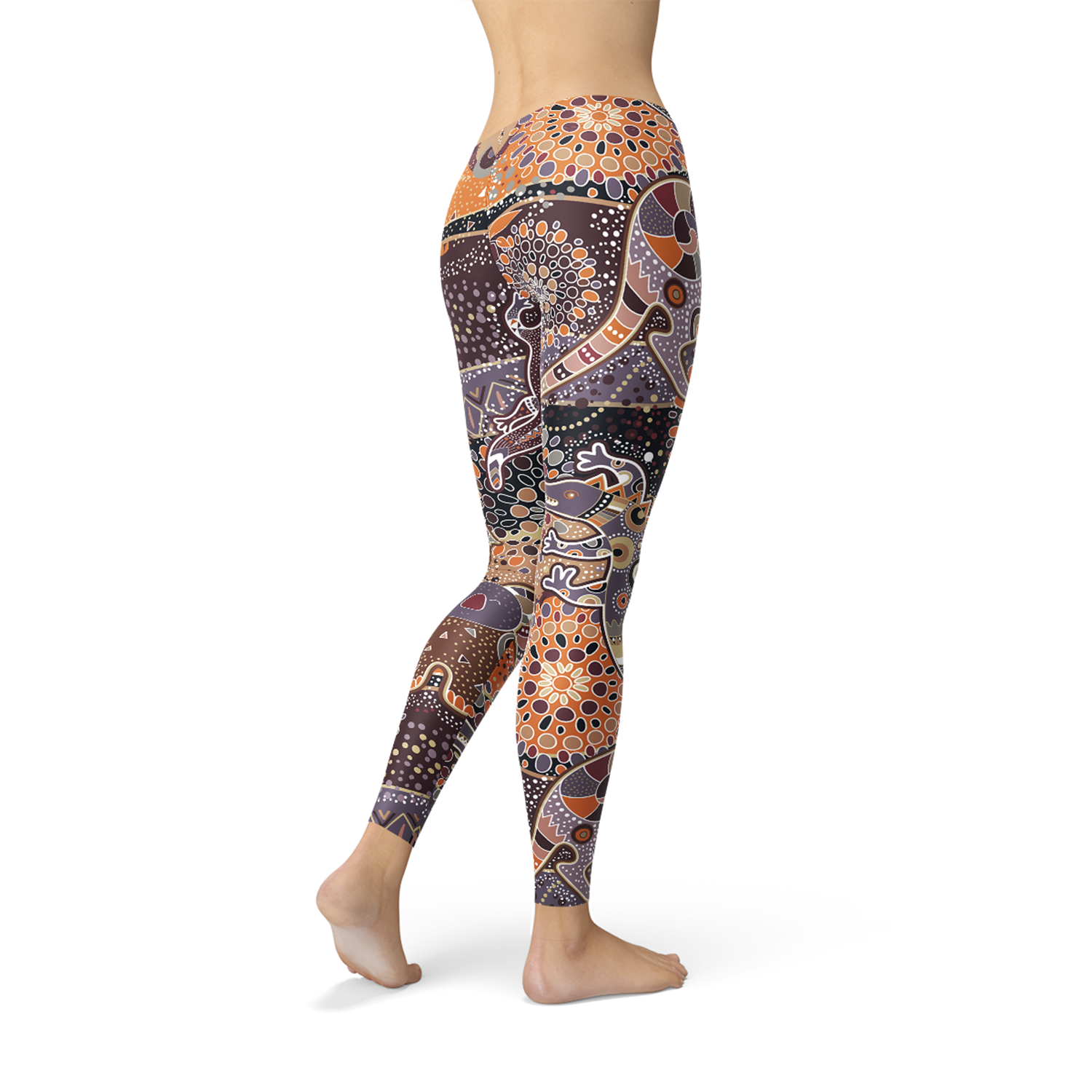 Womens Aboriginal Dreamtime Leggings featuring vibrant Aboriginal art design, crafted from high-performance fabric blend for comfort and style.