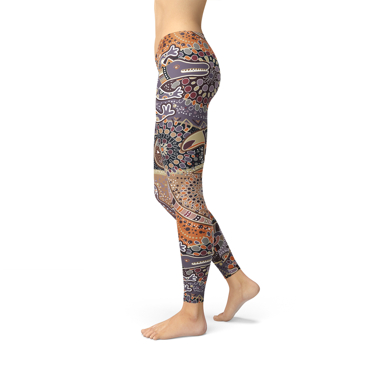 Womens Aboriginal Dreamtime Leggings featuring vibrant Aboriginal art design, crafted from high-performance fabric blend for comfort and style.