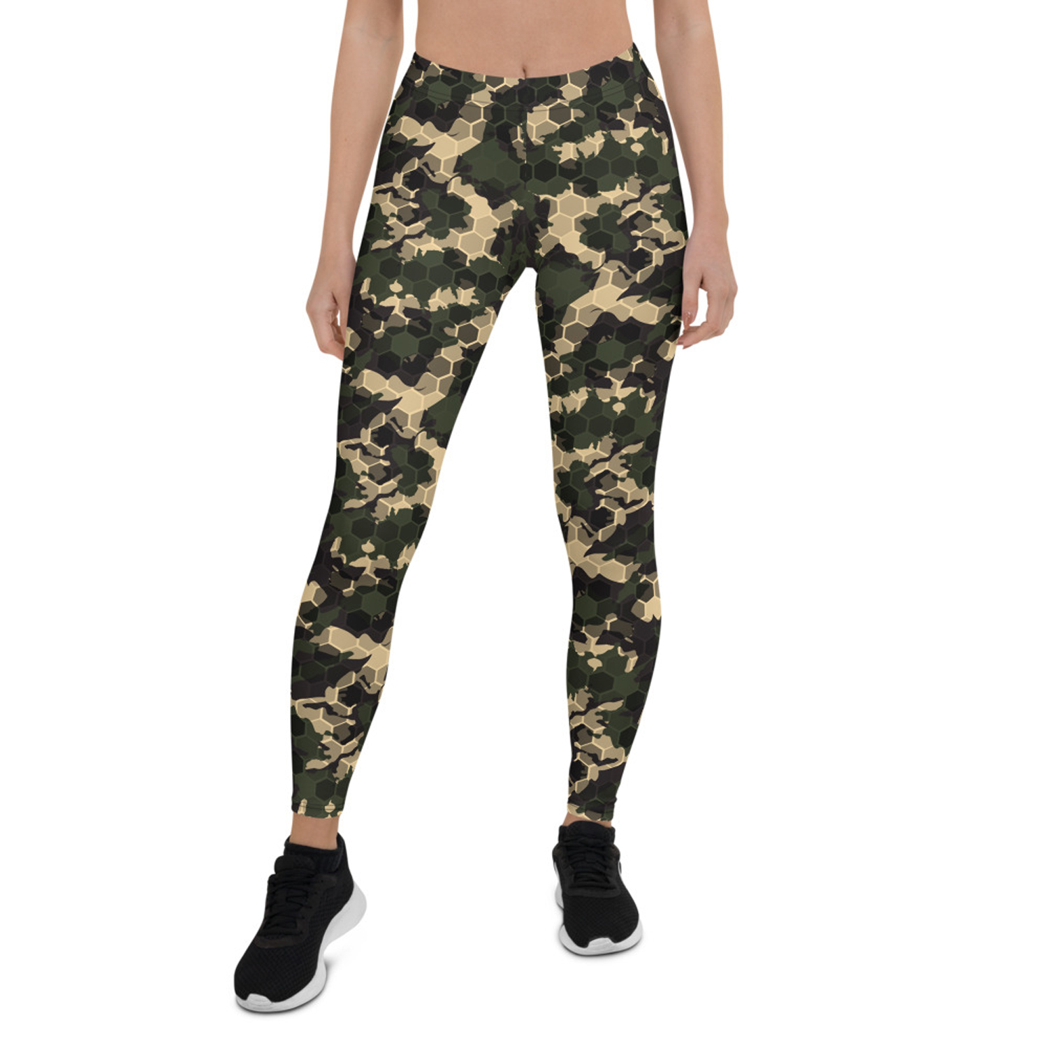 Women's Army Camo Leggings featuring a unique honeycomb design, perfect for workouts and casual wear, showcasing vibrant colors and a stylish fit.