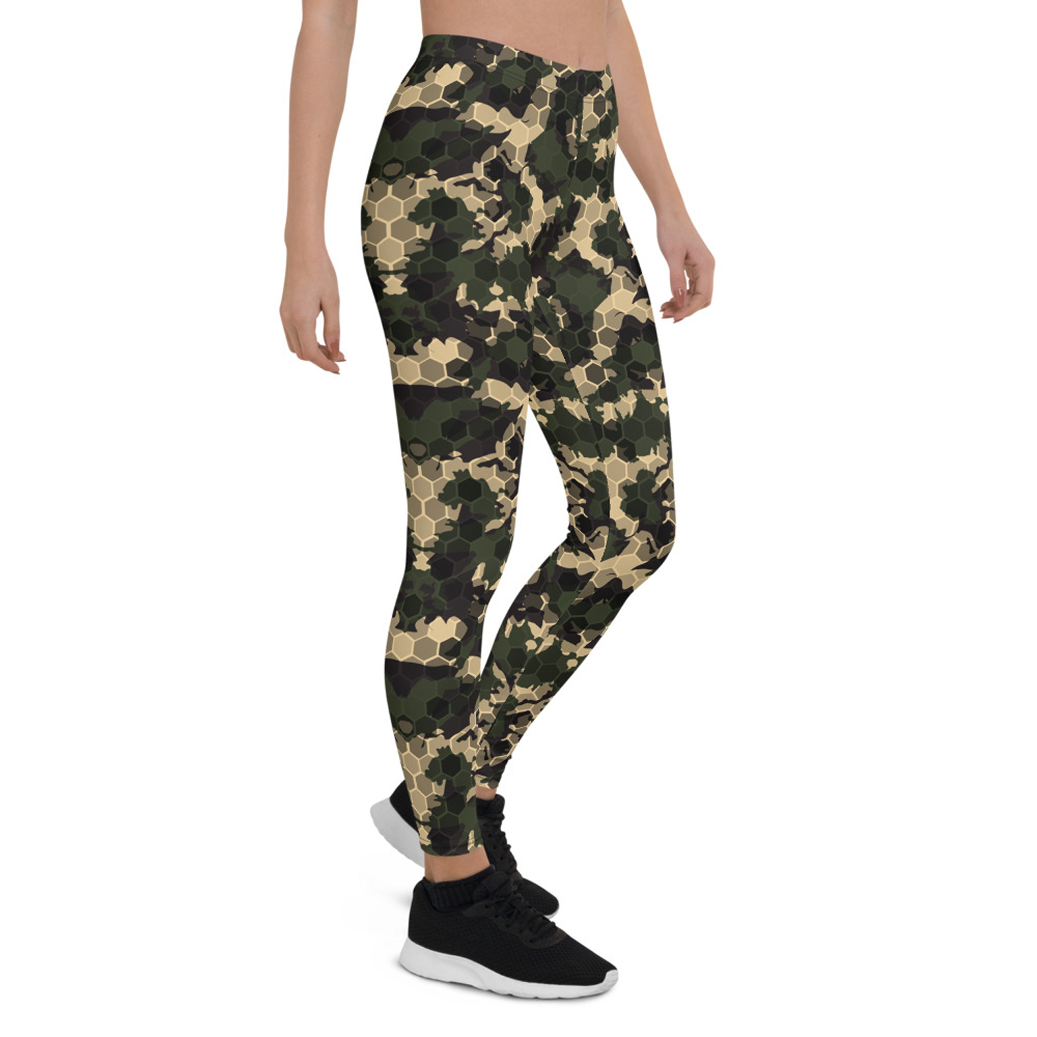 Women's Army Camo Leggings featuring a unique honeycomb design, perfect for workouts and casual wear, showcasing vibrant colors and a stylish fit.