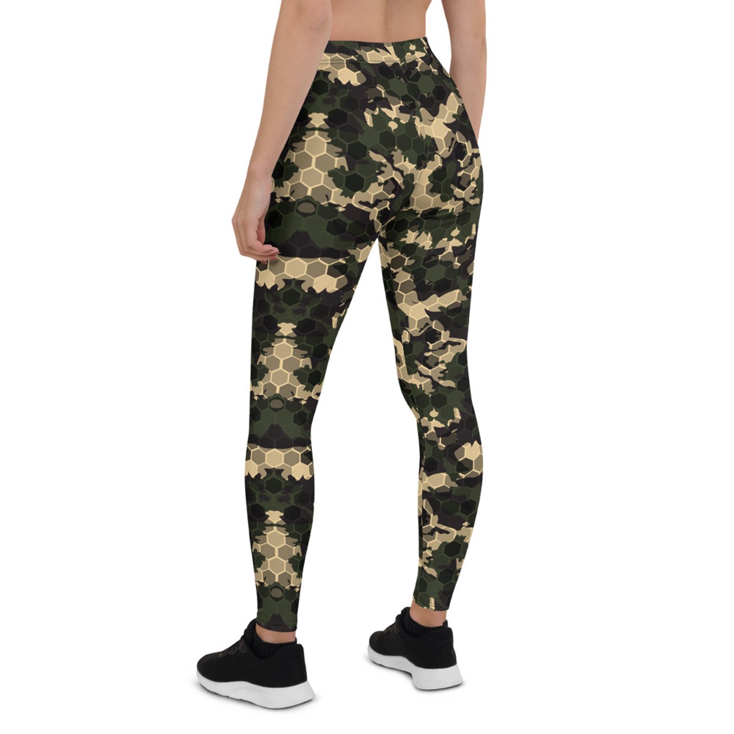 Women's Army Camo Leggings featuring a unique honeycomb design, perfect for workouts and casual wear, showcasing vibrant colors and a stylish fit.