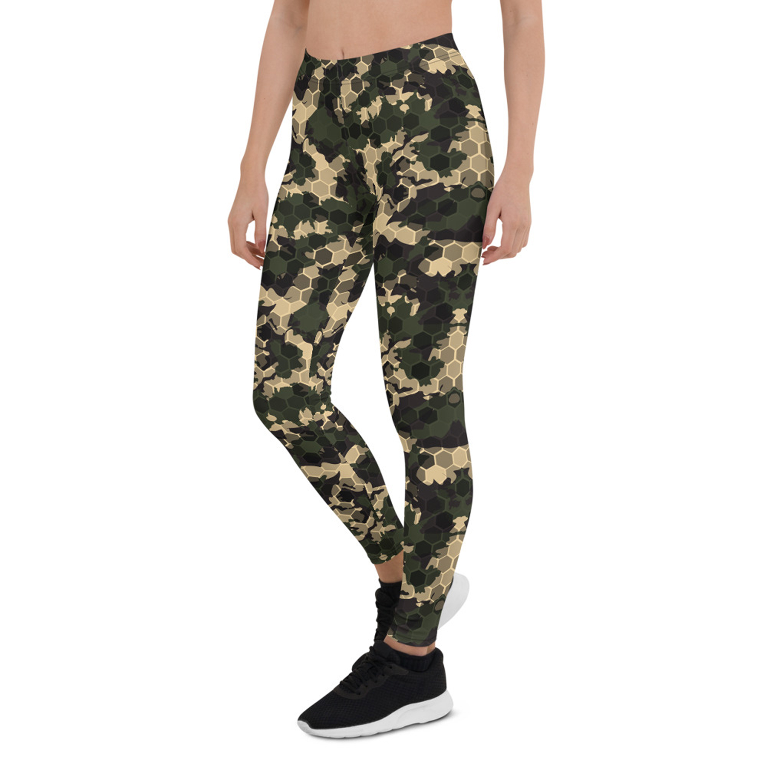 Women's Army Camo Leggings featuring a unique honeycomb design, perfect for workouts and casual wear, showcasing vibrant colors and a stylish fit.