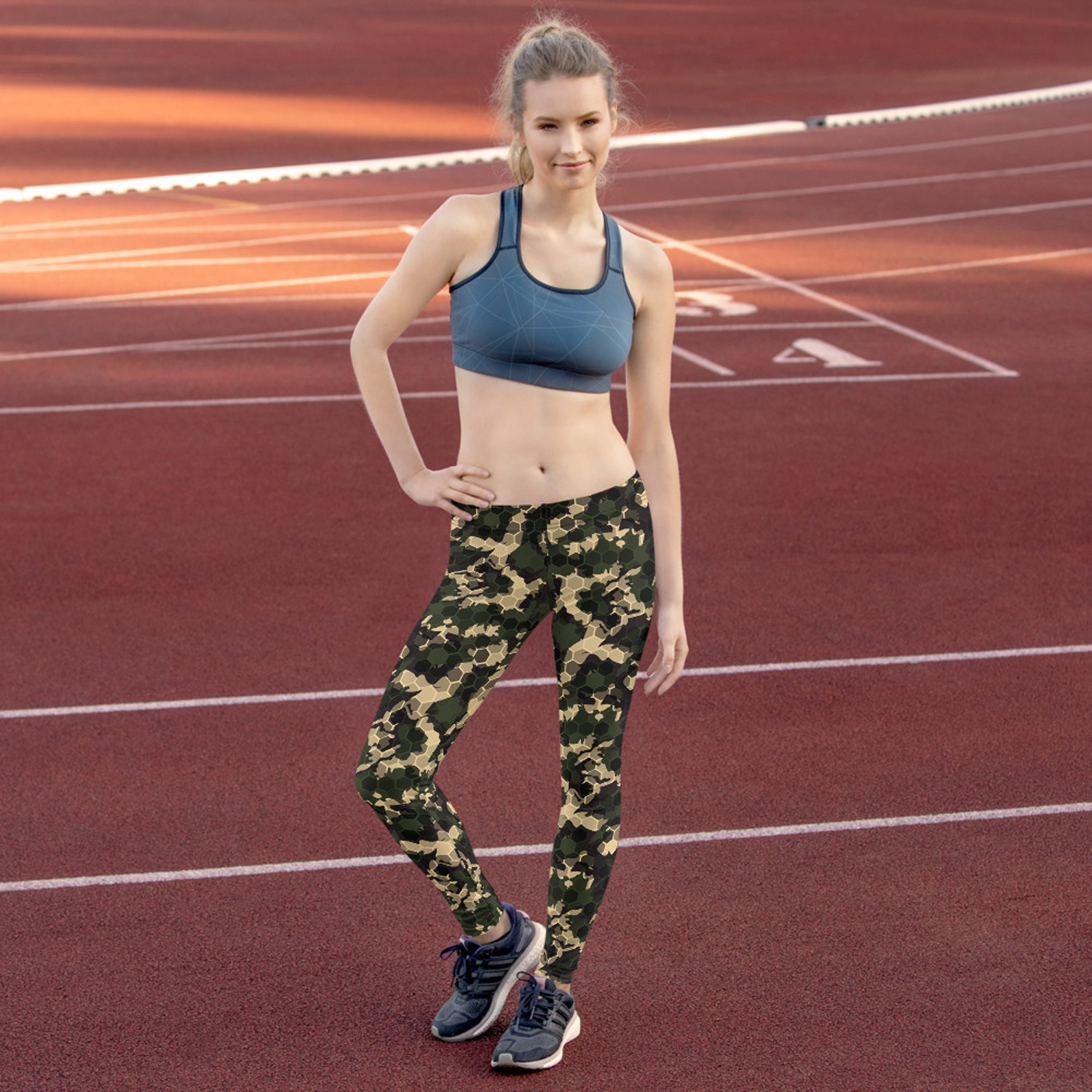 Women's Army Camo Leggings featuring a unique honeycomb design, perfect for workouts and casual wear, showcasing vibrant colors and a stylish fit.