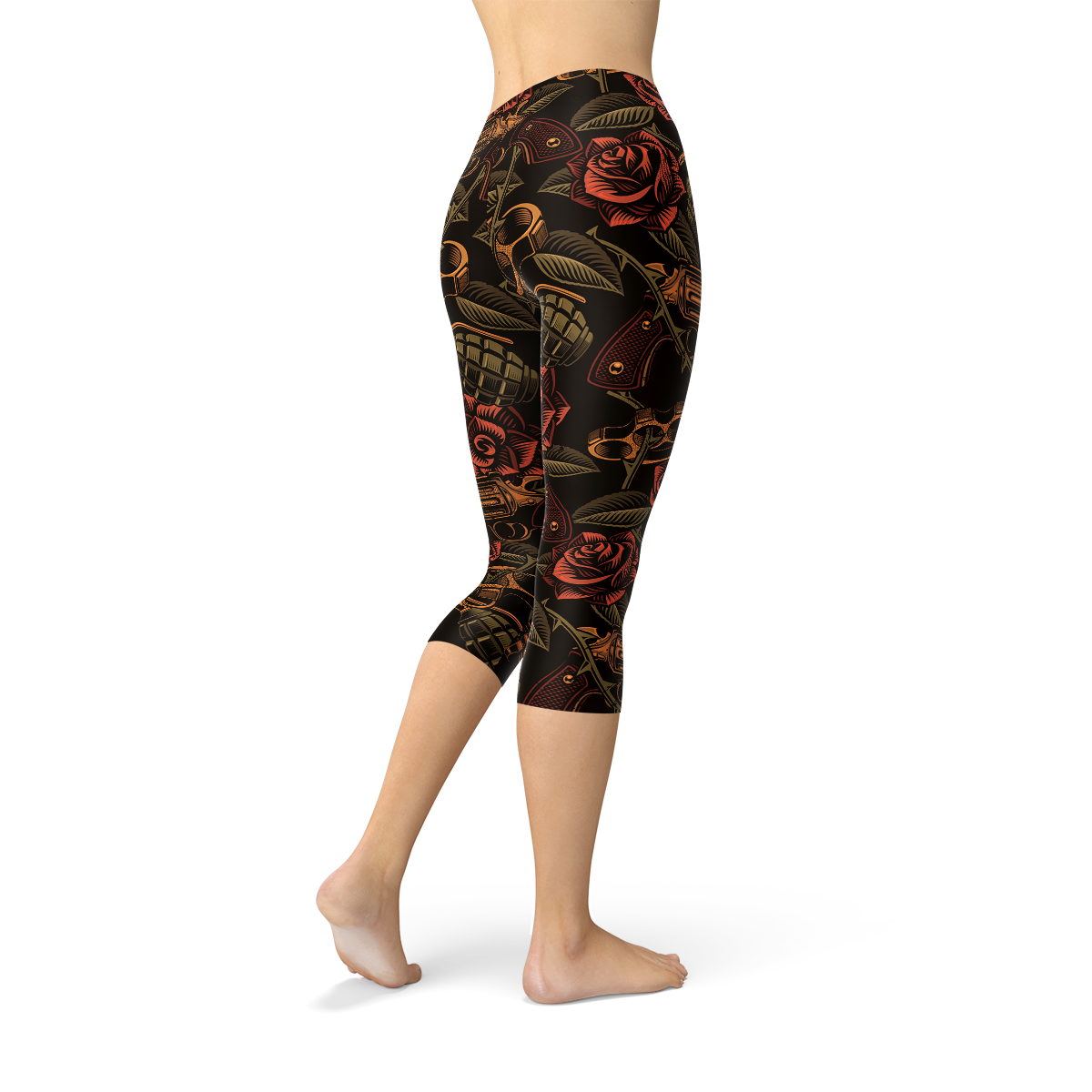 Women's Badass Capri Leggings featuring unique graphic designs, made from high-performance fabric blend for comfort and flexibility.