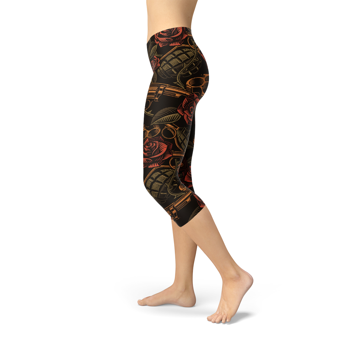 Women's Badass Capri Leggings featuring unique graphic designs, made from high-performance fabric blend for comfort and flexibility.