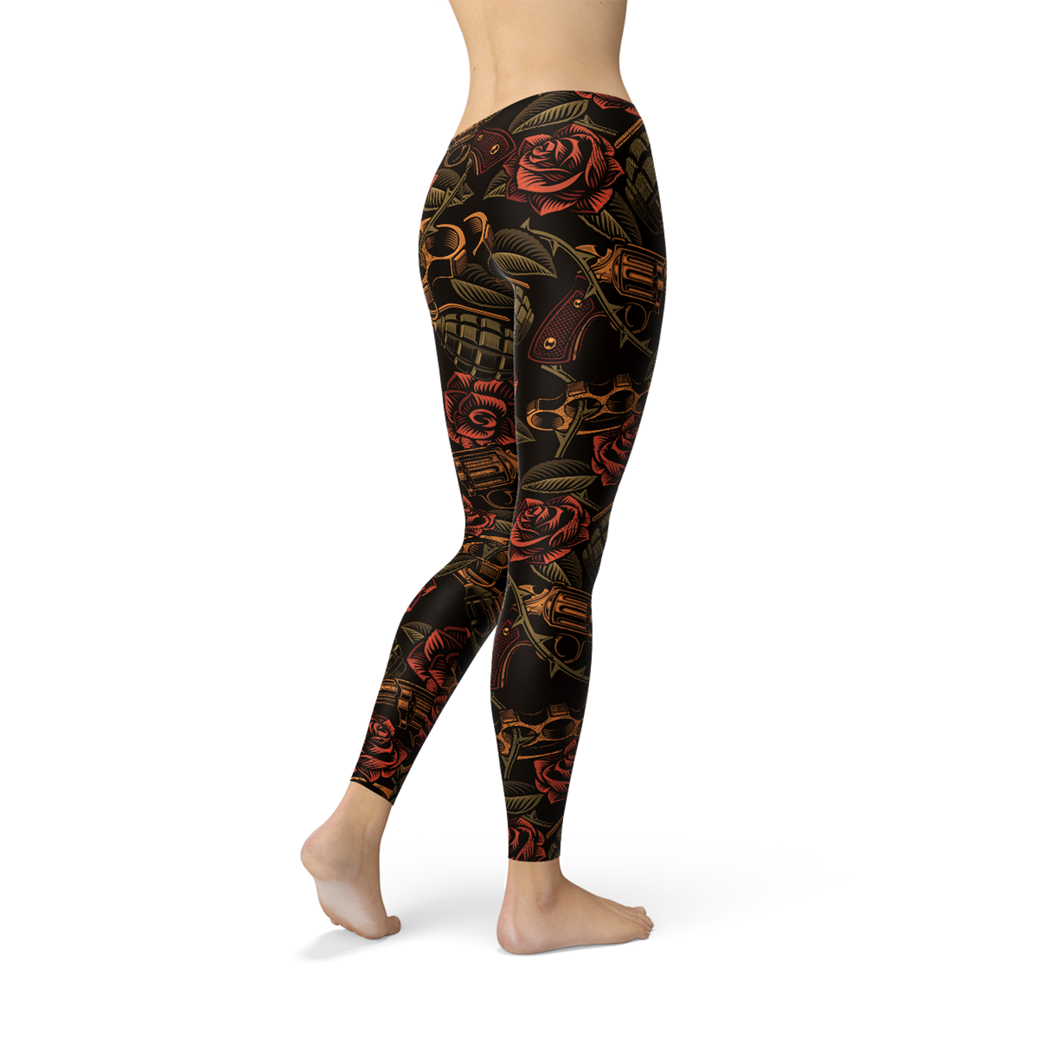 Women's Badass Leggings featuring bold graphic design with revolvers, grenades, and roses, perfect for workouts.