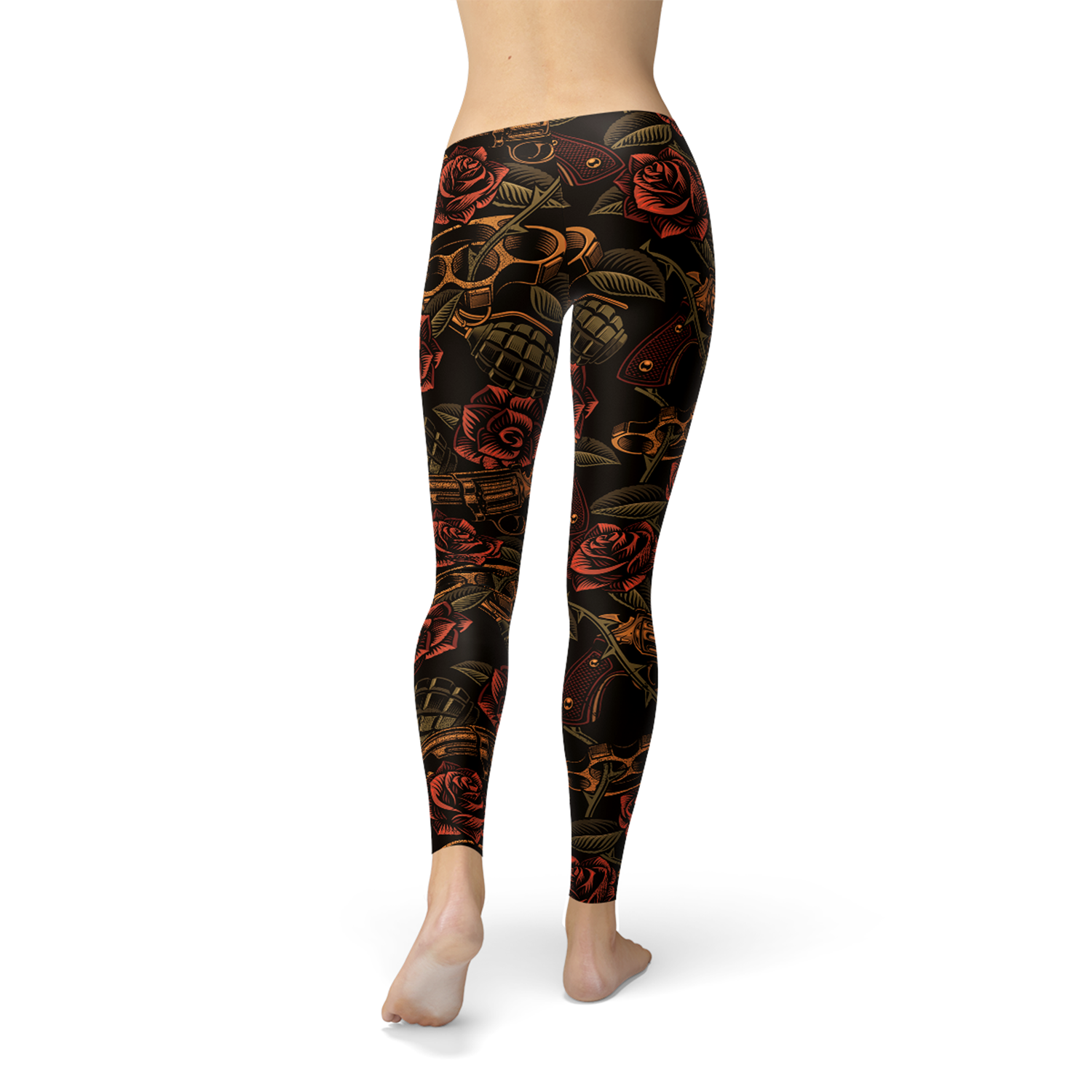 Women's Badass Leggings featuring bold graphic design with revolvers, grenades, and roses, perfect for workouts.