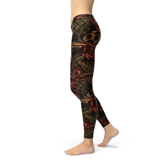 Women's Badass Leggings featuring bold graphic design with revolvers, grenades, and roses, perfect for workouts.