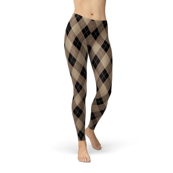 Women's Beige Brown Argyle Leggings featuring a classic argyle pattern with a textured accent in black, brown, and beige.