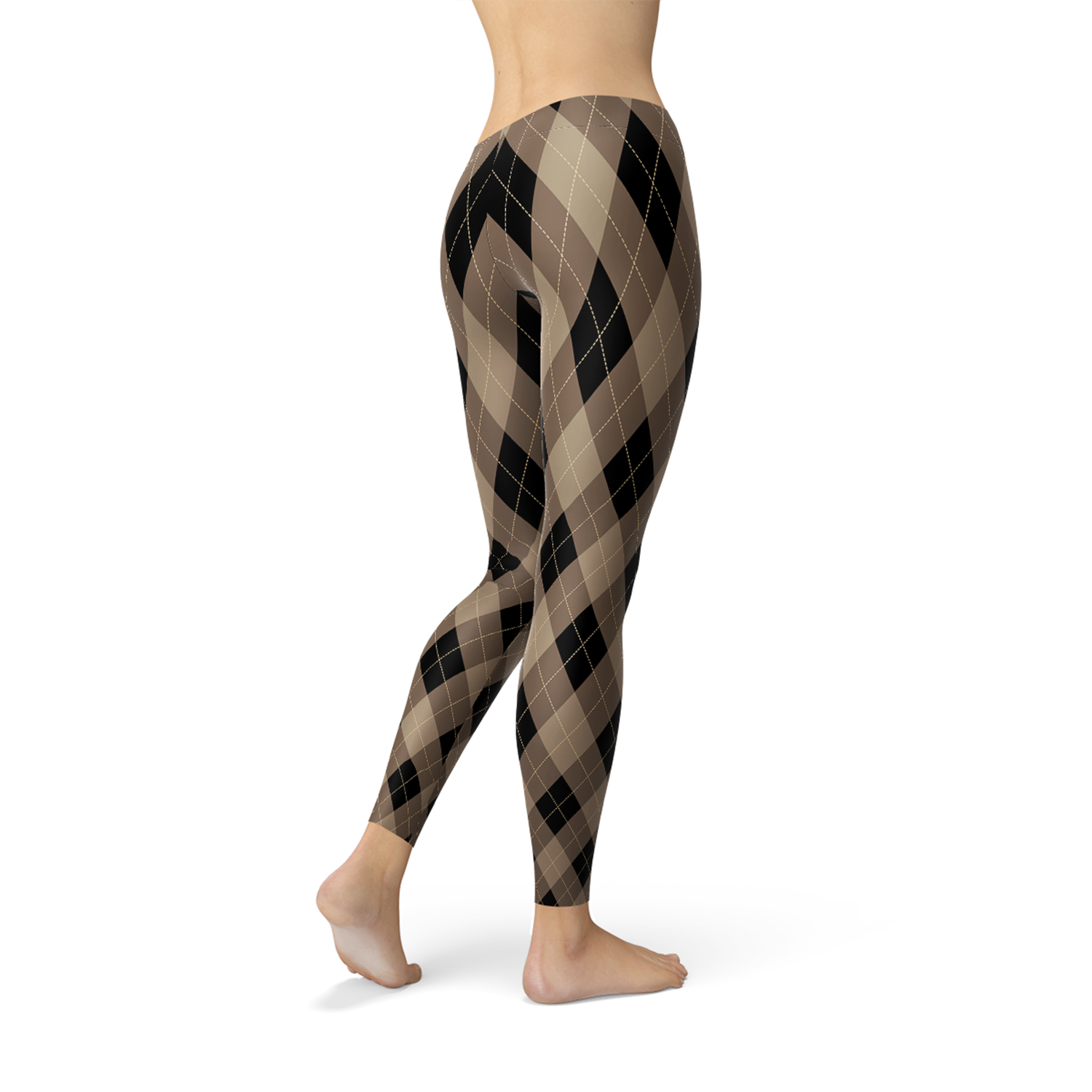 Women's Beige Brown Argyle Leggings featuring a classic argyle pattern with a textured accent in black, brown, and beige.