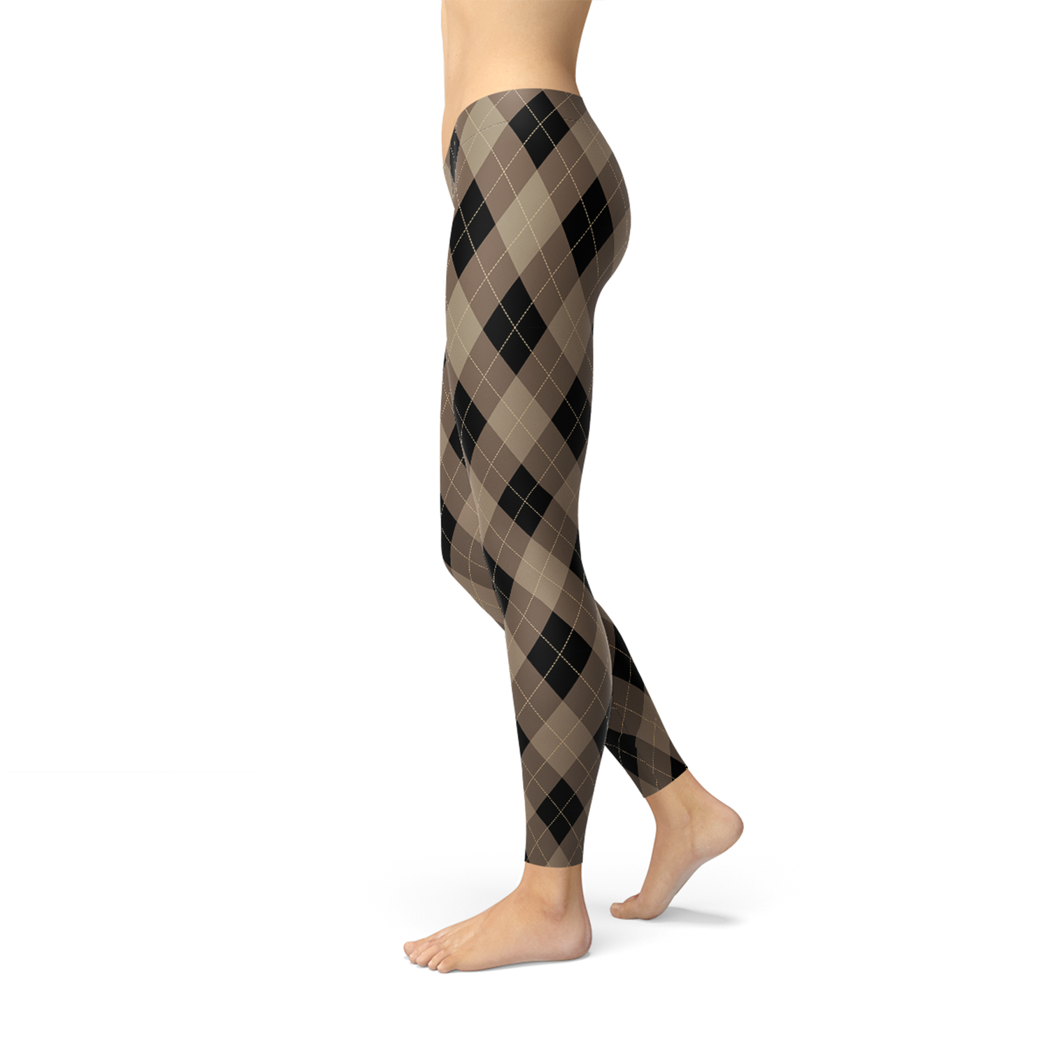 Women's Beige Brown Argyle Leggings featuring a classic argyle pattern with a textured accent in black, brown, and beige.