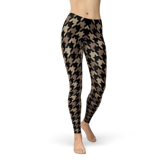 Women's Beige Brown Houndstooth Leggings showcasing unique design and premium fabric for comfort and performance.