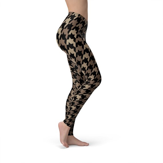 Women's Beige Brown Houndstooth Leggings showcasing unique design and premium fabric for comfort and performance.