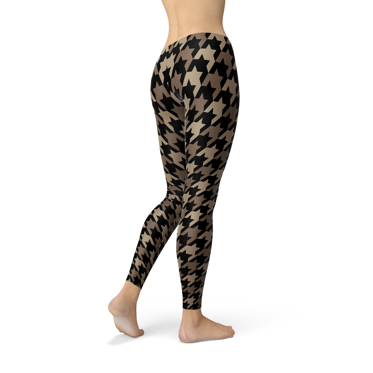 Women's Beige Brown Houndstooth Leggings showcasing unique design and premium fabric for comfort and performance.