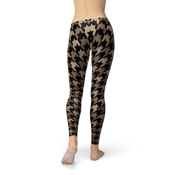 Women's Beige Brown Houndstooth Leggings showcasing unique design and premium fabric for comfort and performance.