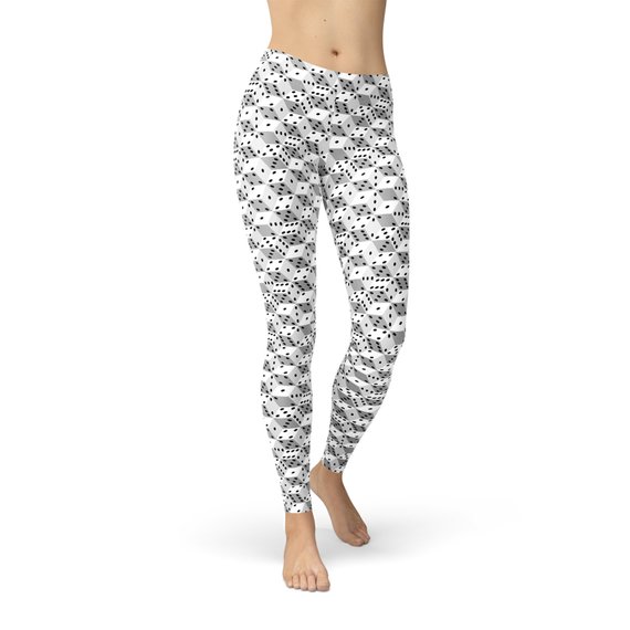 Womens Black and White Dice Leggings showcasing a unique graphic design, perfect for workouts and casual wear.