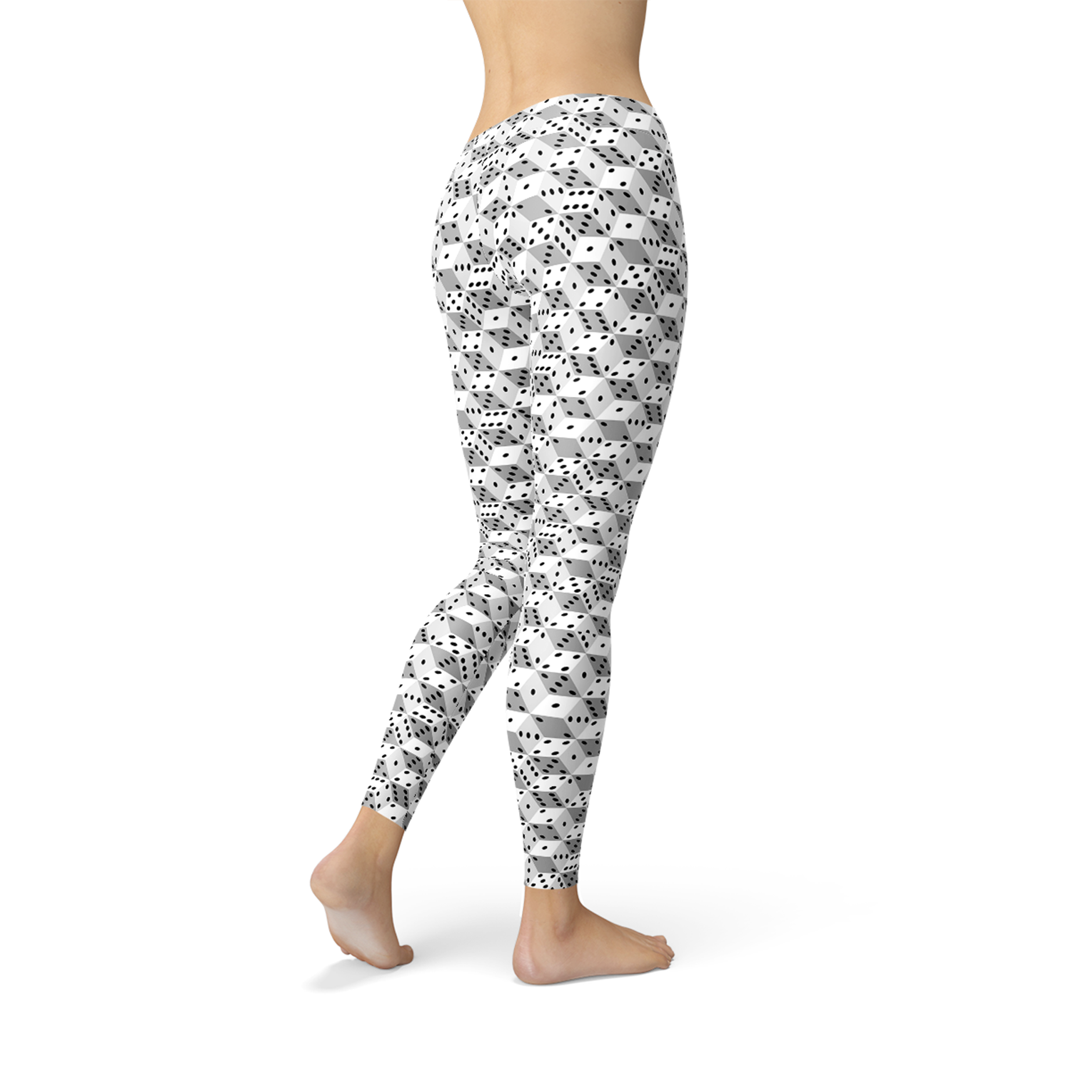 Womens Black and White Dice Leggings showcasing a unique graphic design, perfect for workouts and casual wear.