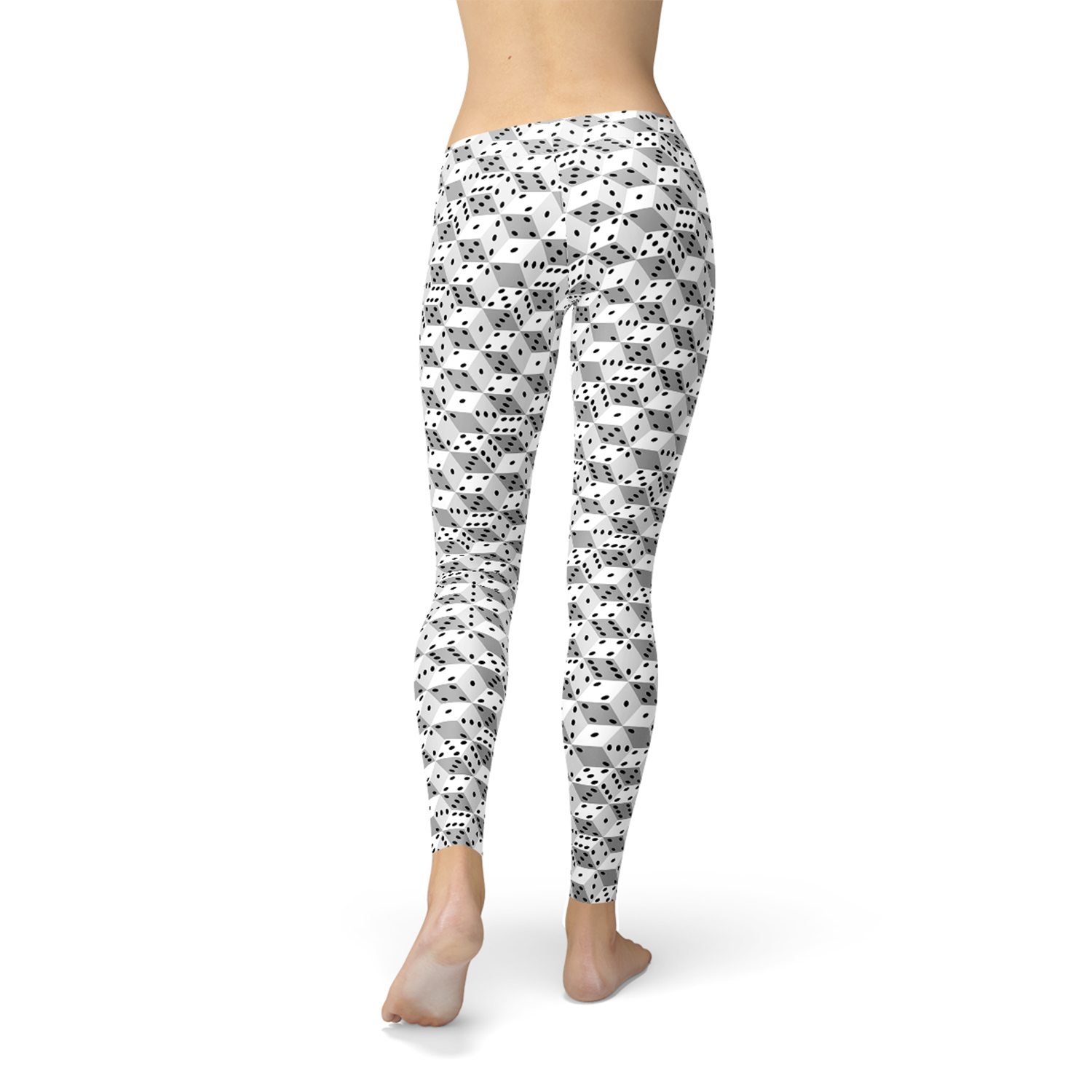 Womens Black and White Dice Leggings showcasing a unique graphic design, perfect for workouts and casual wear.