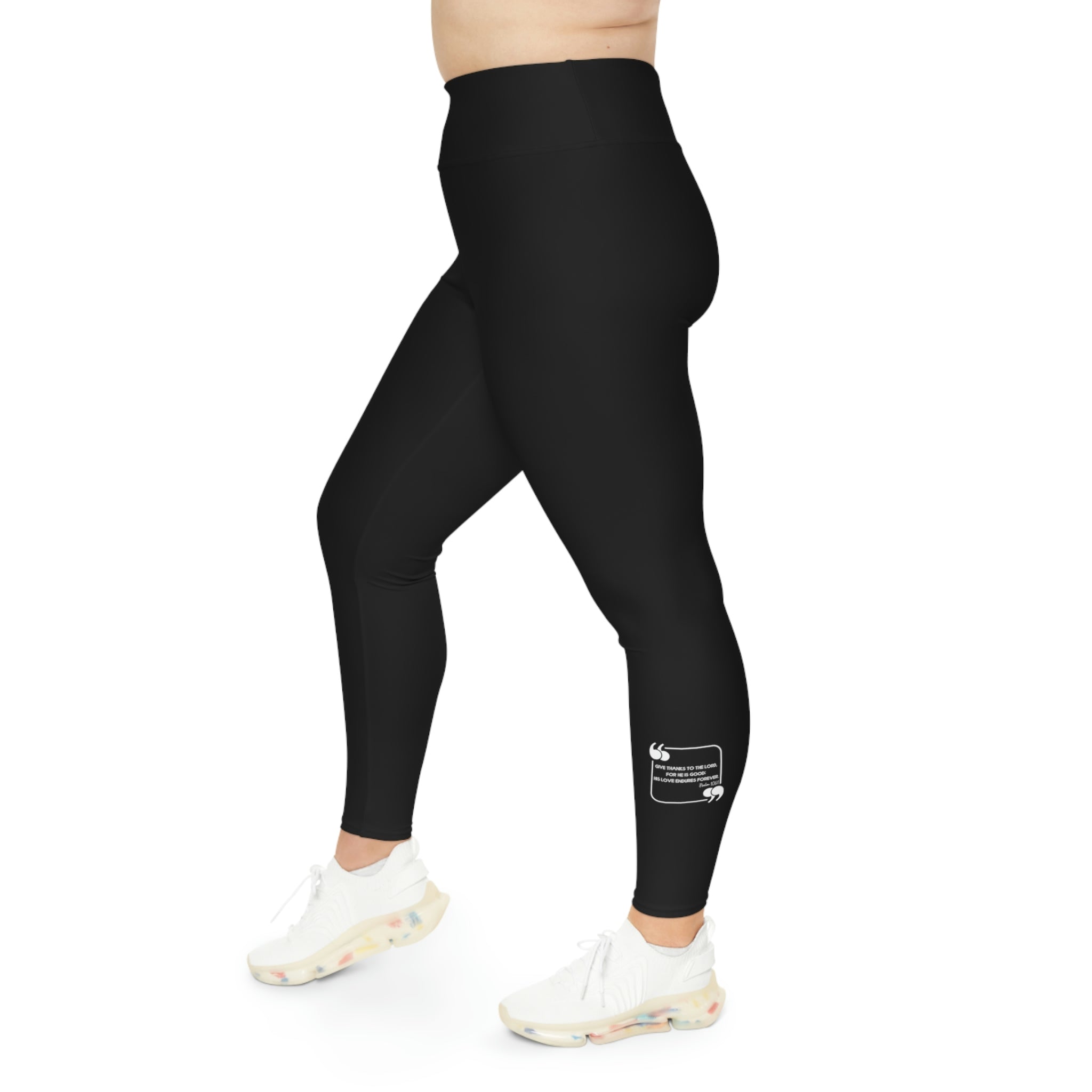 Womens Black Plus Size Leggings featuring a high-rise elastic waistband and a comfortable 4-way stretch fabric blend, ideal for active and casual wear.