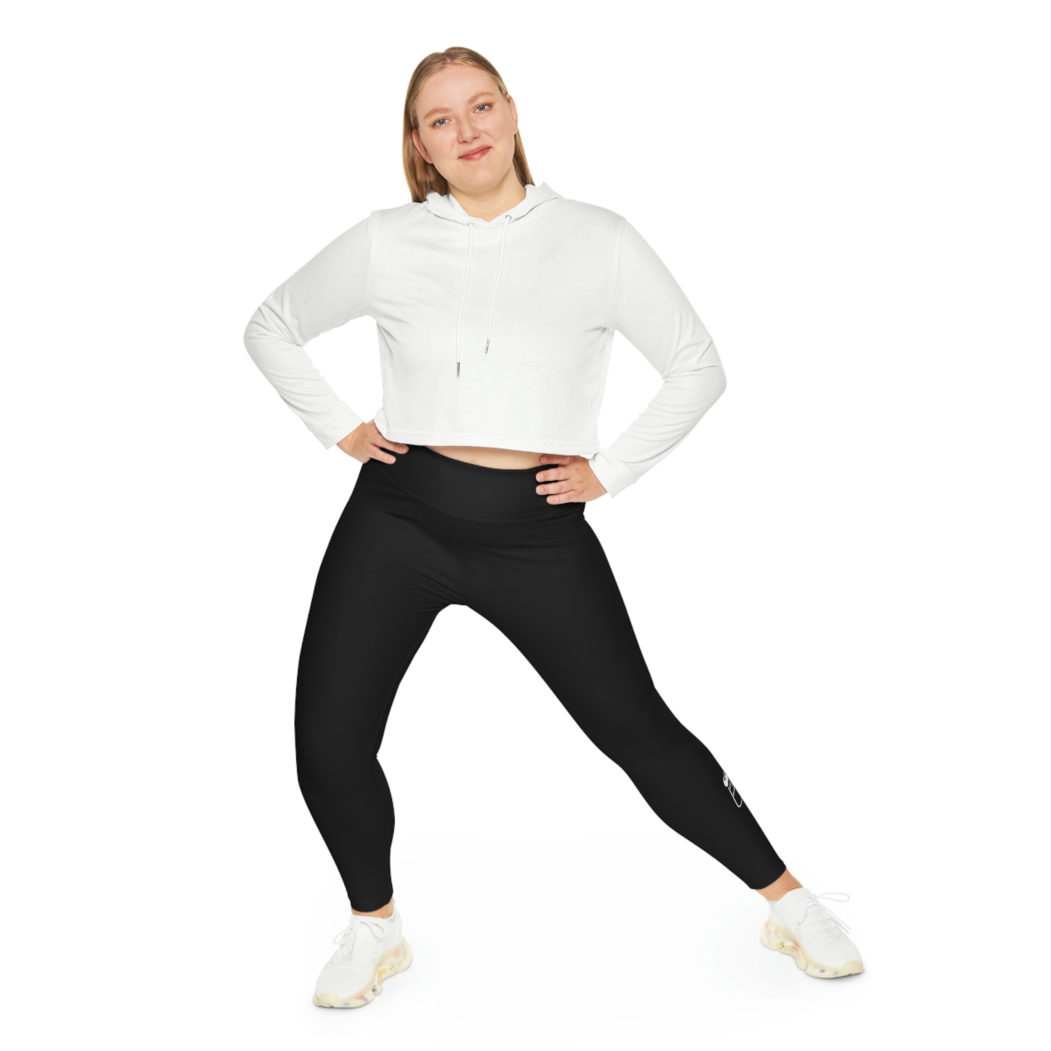 Womens Black Plus Size Leggings featuring a high-rise elastic waistband and a comfortable 4-way stretch fabric blend, ideal for active and casual wear.