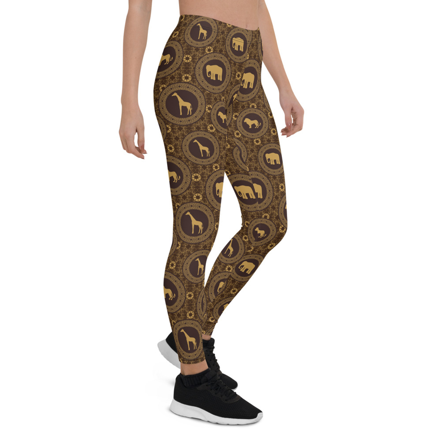 Womens Brown African Safari Animals Leggings featuring a unique animal print design, perfect for workouts and casual wear.