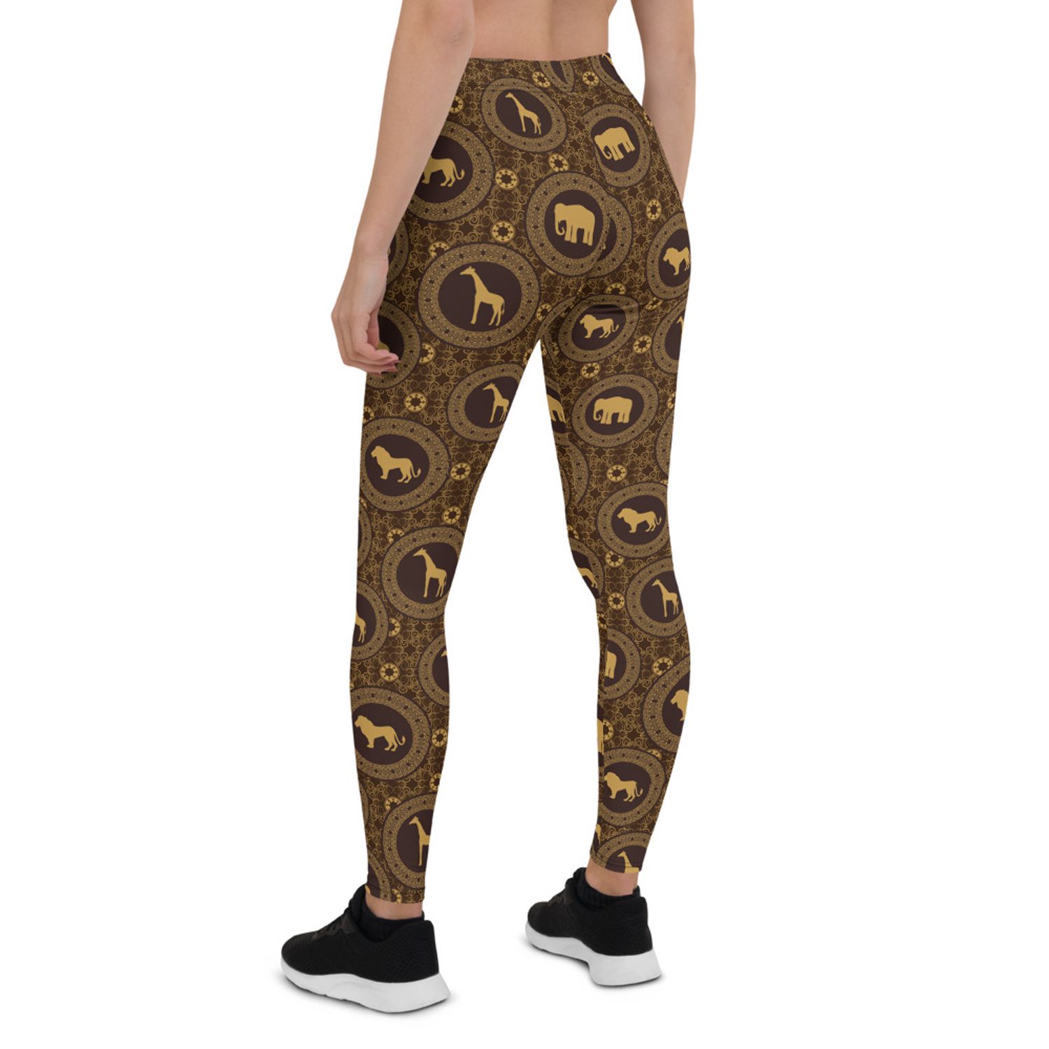 Womens Brown African Safari Animals Leggings featuring a unique animal print design, perfect for workouts and casual wear.