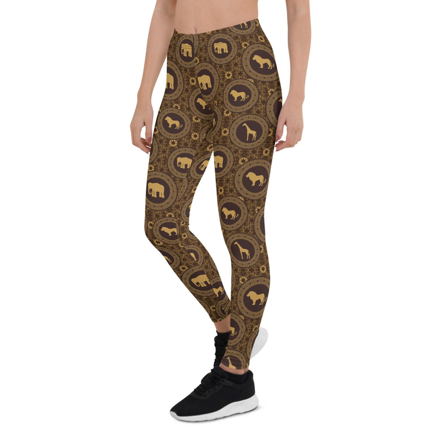 Womens Brown African Safari Animals Leggings featuring a unique animal print design, perfect for workouts and casual wear.