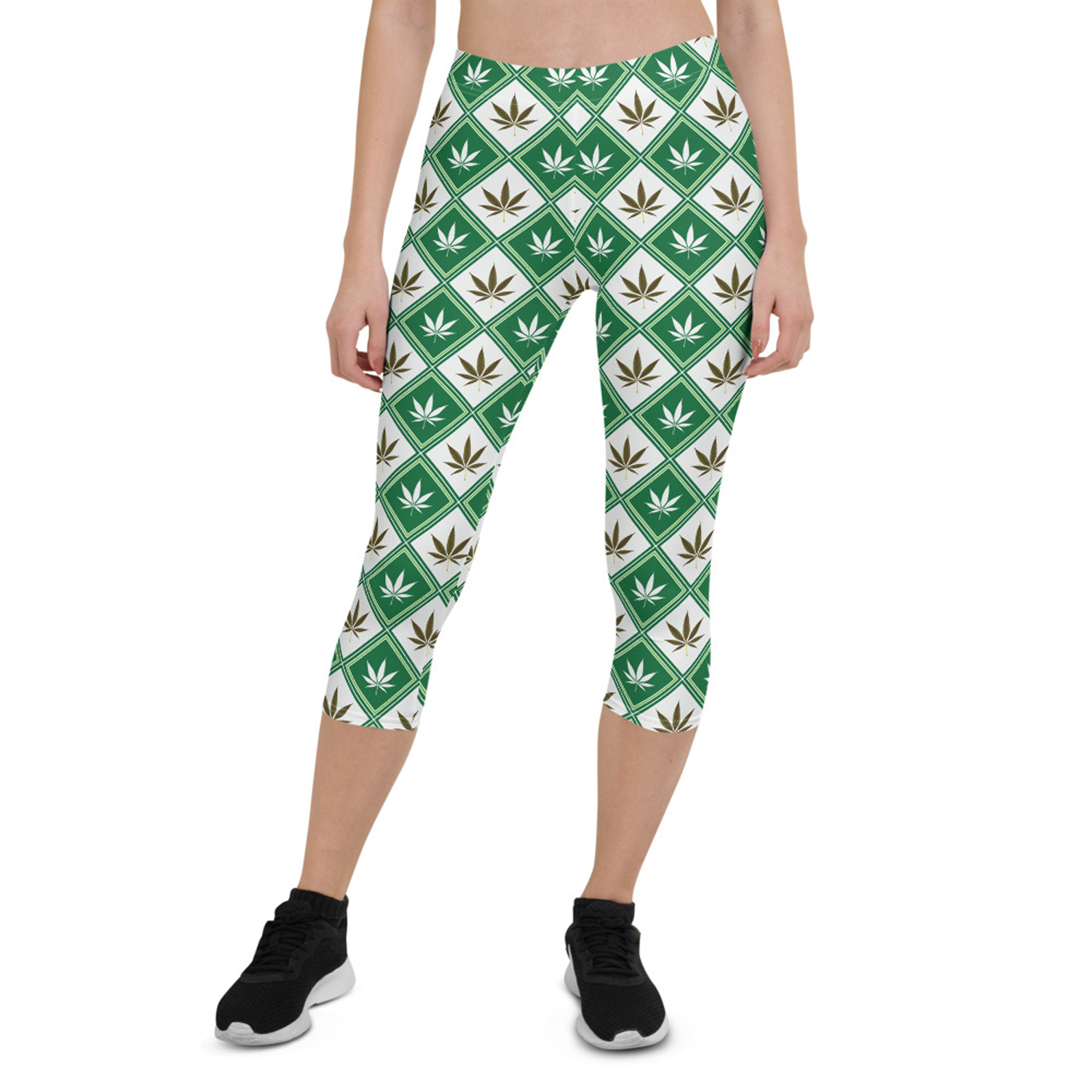 Womens Cannabis Green Capri Leggings featuring unique graphic designs and a comfortable fit, perfect for workouts and casual wear.